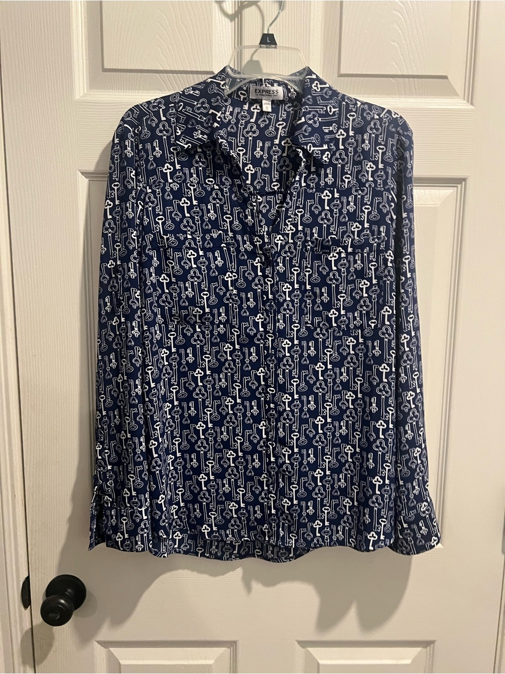 Express Navy Button-Down Blouse with White Key Print
